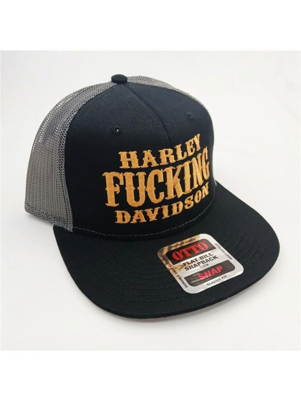 Retro Harley Fking Davidson Embroidered Trucker Hat Black Orange Otto Cap Biker